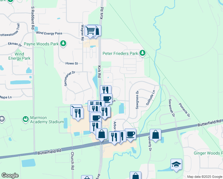 map of restaurants, bars, coffee shops, grocery stores, and more near 3055 Riverbirch Drive in Aurora