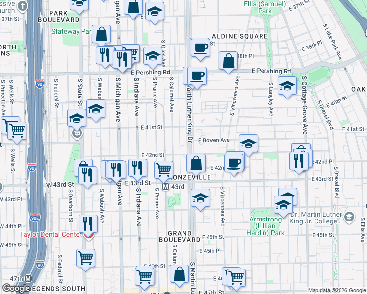 map of restaurants, bars, coffee shops, grocery stores, and more near 4157 South Calumet Avenue in Chicago