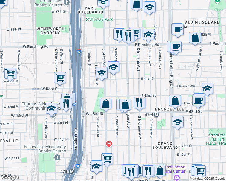map of restaurants, bars, coffee shops, grocery stores, and more near 4154 South Wabash Avenue in Chicago