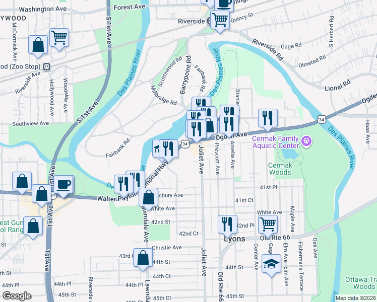 map of restaurants, bars, coffee shops, grocery stores, and more near 8019 Ogden Avenue in Lyons