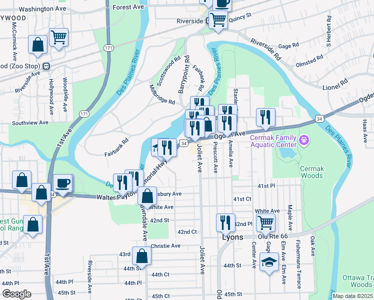 map of restaurants, bars, coffee shops, grocery stores, and more near 8019 Ogden Avenue in Lyons