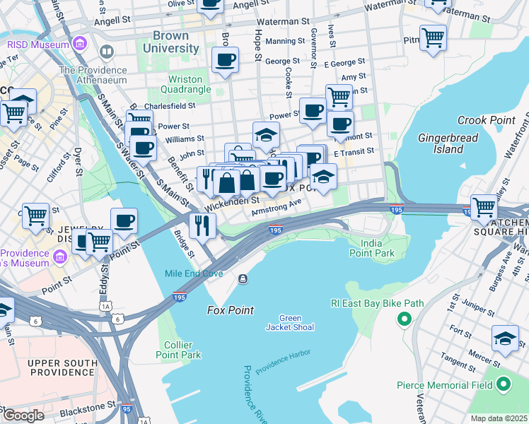 map of restaurants, bars, coffee shops, grocery stores, and more near 29 Armstrong Avenue in Providence