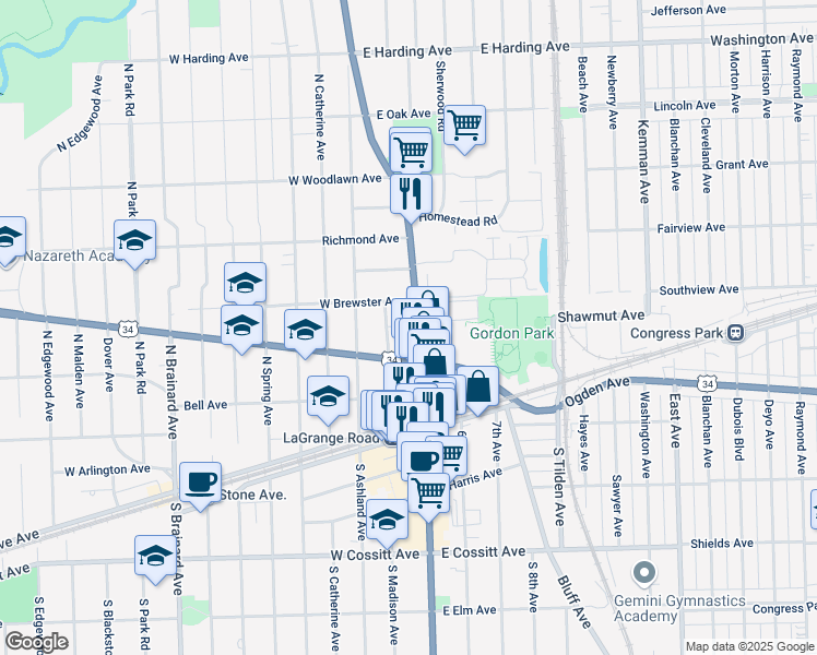 map of restaurants, bars, coffee shops, grocery stores, and more near 110 North La Grange Road in La Grange
