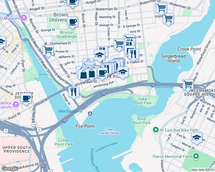 map of restaurants, bars, coffee shops, grocery stores, and more near 156 George M Cohan Boulevard in Providence