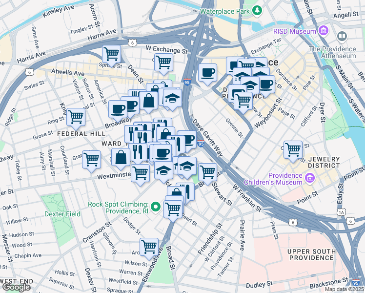 map of restaurants, bars, coffee shops, grocery stores, and more near 309 Dean Street in Providence