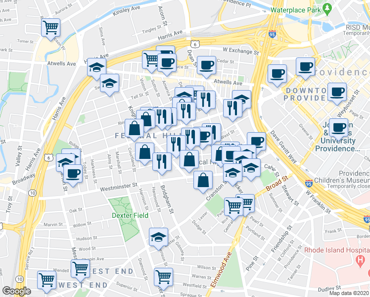 map of restaurants, bars, coffee shops, grocery stores, and more near in Providence