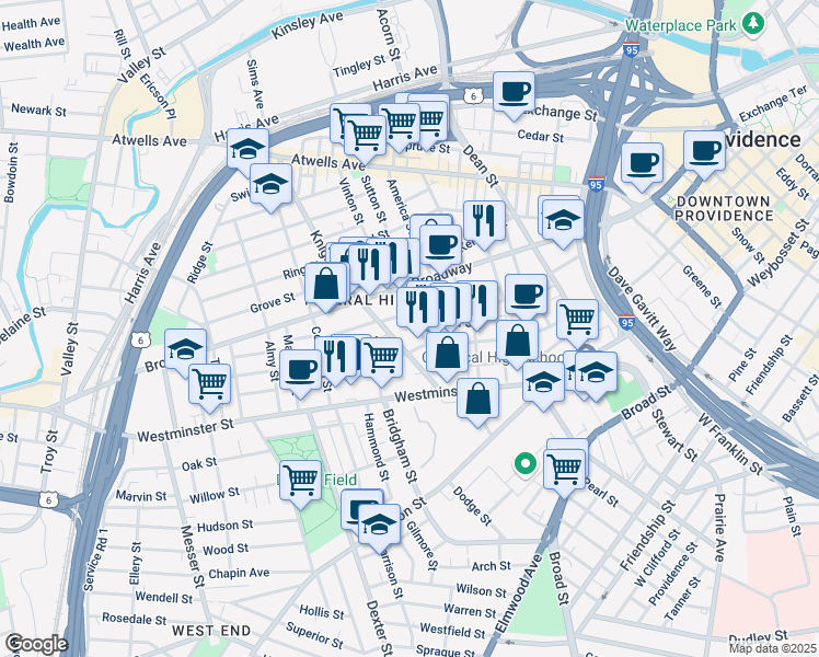 map of restaurants, bars, coffee shops, grocery stores, and more near in Providence
