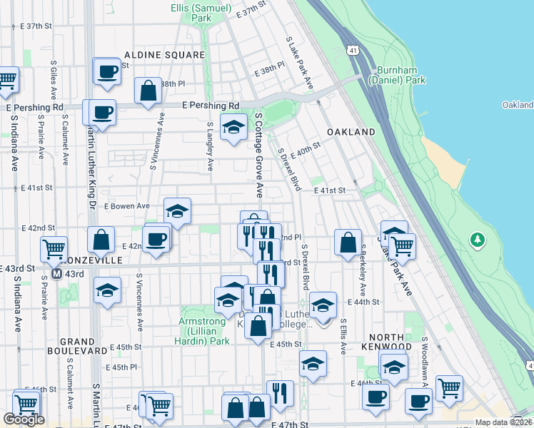 map of restaurants, bars, coffee shops, grocery stores, and more near 817 East 42nd Street in Chicago