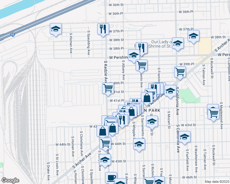 map of restaurants, bars, coffee shops, grocery stores, and more near 3140 West 41st Place in Chicago