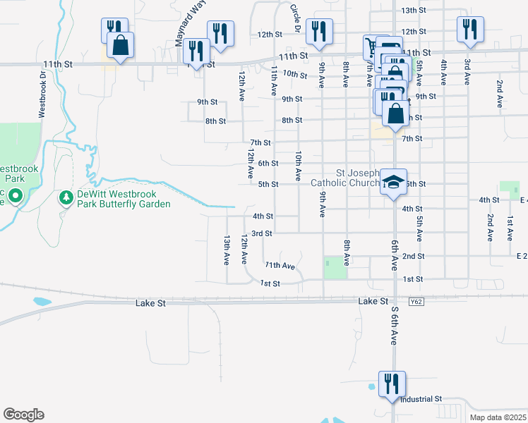 map of restaurants, bars, coffee shops, grocery stores, and more near 1101-1199 4th Street in De Witt