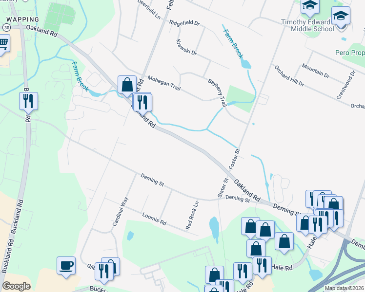 map of restaurants, bars, coffee shops, grocery stores, and more near 383 Oakland Road in South Windsor