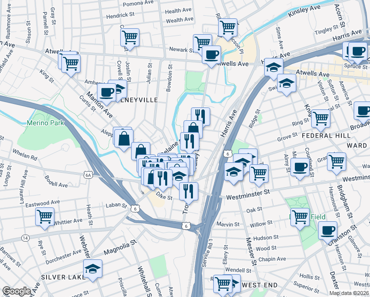 map of restaurants, bars, coffee shops, grocery stores, and more near 80 Delaine Street in Providence