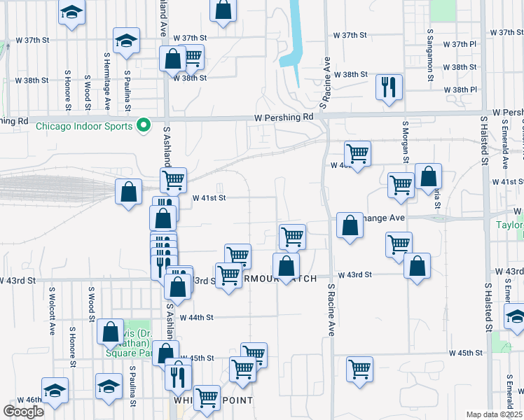 map of restaurants, bars, coffee shops, grocery stores, and more near 4100 South Packers Avenue in Chicago