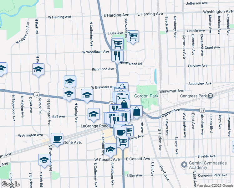 map of restaurants, bars, coffee shops, grocery stores, and more near 110 North La Grange Road in La Grange