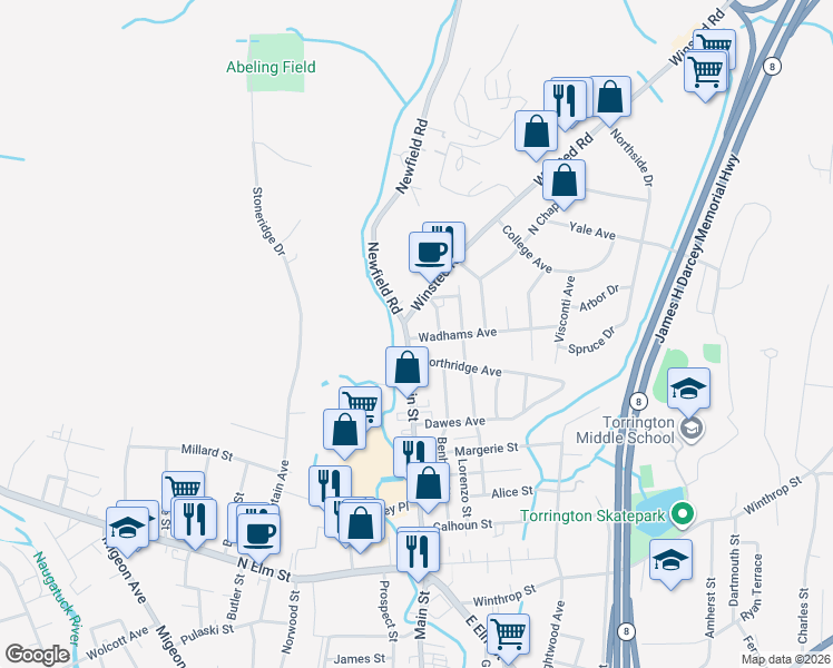 map of restaurants, bars, coffee shops, grocery stores, and more near 883 Main Street in Torrington