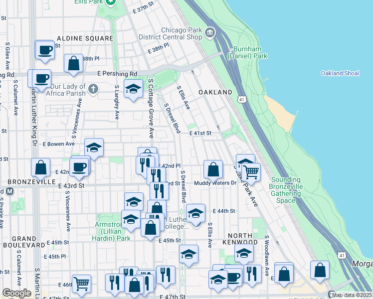 map of restaurants, bars, coffee shops, grocery stores, and more near 4131 South Drexel Boulevard in Chicago