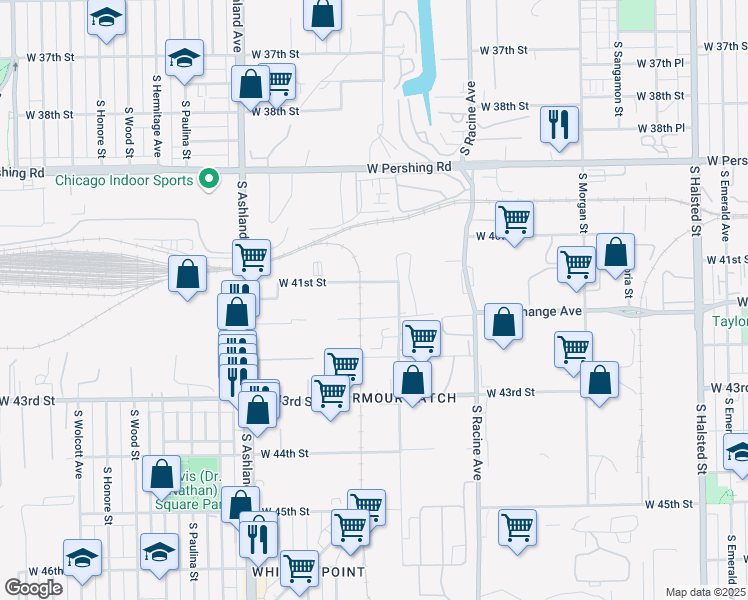 map of restaurants, bars, coffee shops, grocery stores, and more near 4100 South Packers Avenue in Chicago