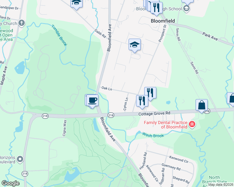 map of restaurants, bars, coffee shops, grocery stores, and more near 16 Oak Lane in Bloomfield