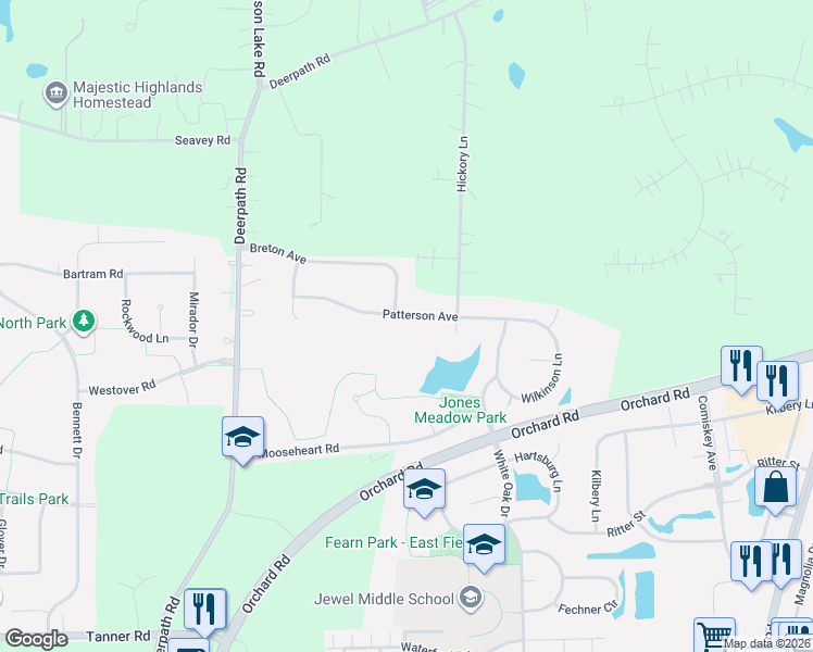 map of restaurants, bars, coffee shops, grocery stores, and more near 1590 Patterson Avenue in North Aurora
