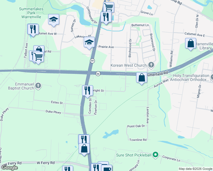 map of restaurants, bars, coffee shops, grocery stores, and more near 29W630 Albright Street in Warrenville