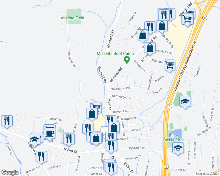 map of restaurants, bars, coffee shops, grocery stores, and more near 908 Main Street in Torrington