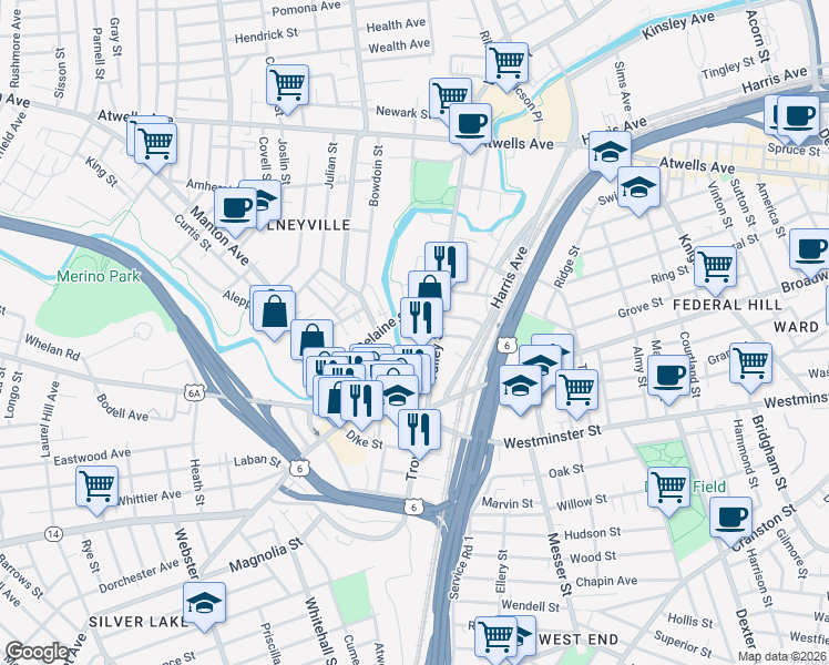 map of restaurants, bars, coffee shops, grocery stores, and more near 80 Delaine Street in Providence