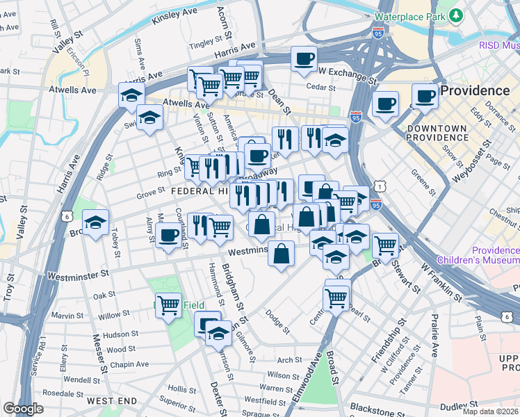 map of restaurants, bars, coffee shops, grocery stores, and more near 470 West Fountain Street in Providence