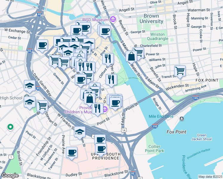 map of restaurants, bars, coffee shops, grocery stores, and more near 222 Richmond Street in Providence