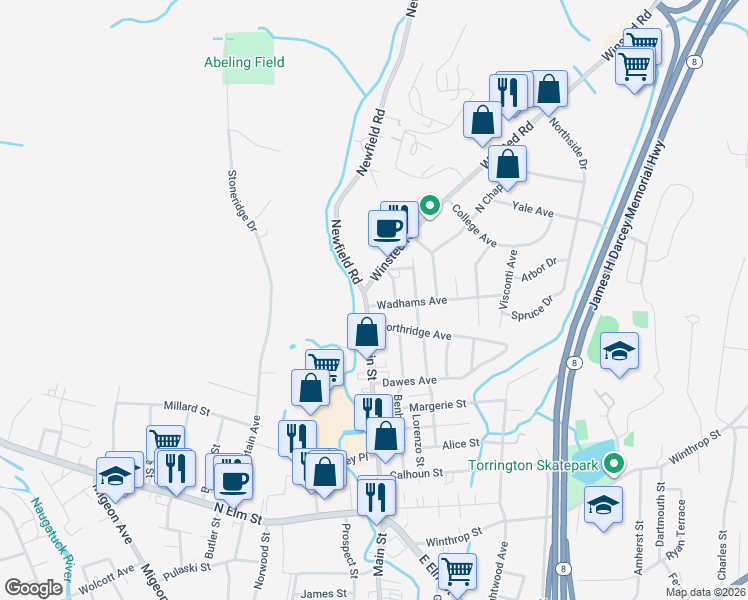 map of restaurants, bars, coffee shops, grocery stores, and more near 908 Main Street in Torrington