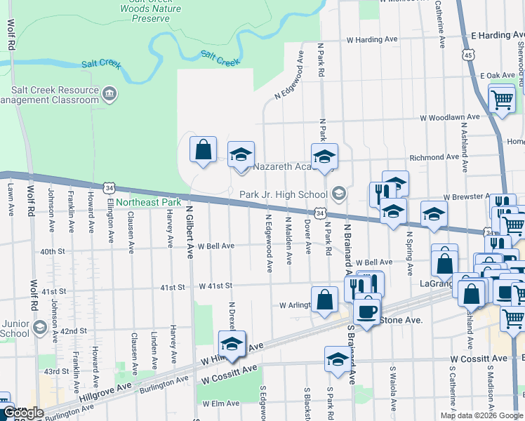 map of restaurants, bars, coffee shops, grocery stores, and more near 124 North Edgewood Avenue in La Grange