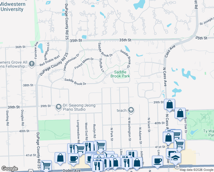 map of restaurants, bars, coffee shops, grocery stores, and more near 3805 North Williams Street in Westmont