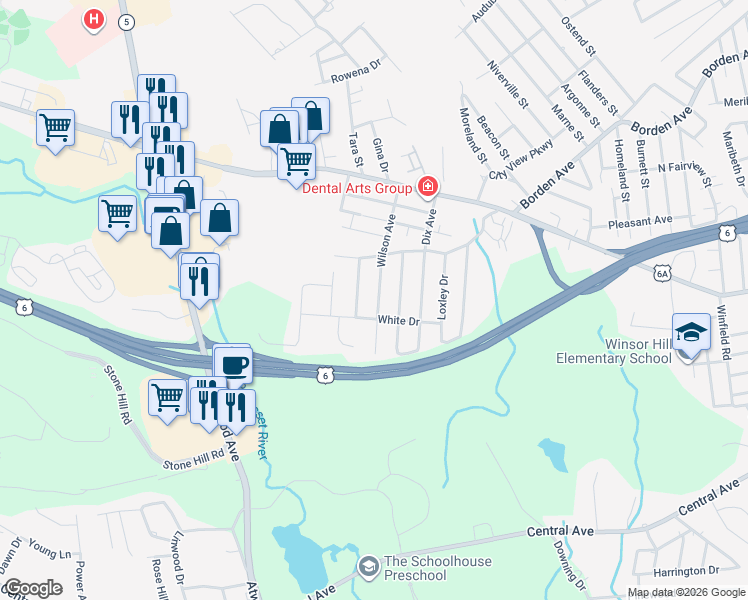 map of restaurants, bars, coffee shops, grocery stores, and more near 18 Pembroke Drive in Johnston