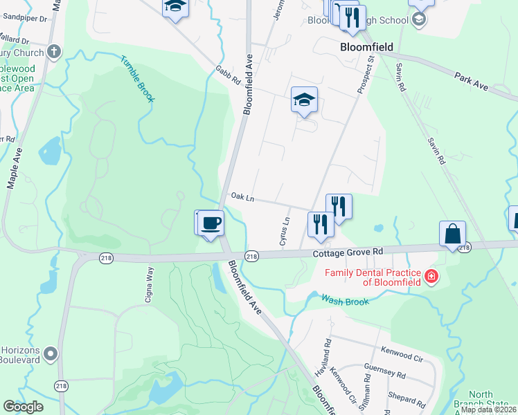 map of restaurants, bars, coffee shops, grocery stores, and more near 16 Oak Lane in Bloomfield