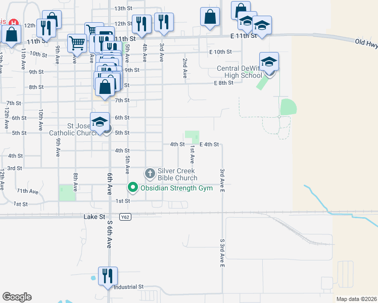 map of restaurants, bars, coffee shops, grocery stores, and more near 201-399 1st Avenue in DeWitt