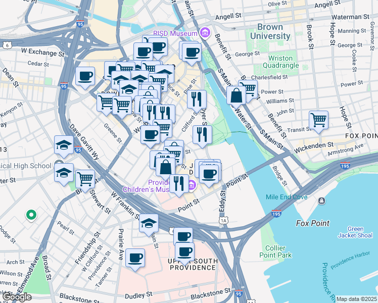 map of restaurants, bars, coffee shops, grocery stores, and more near Ship Street in Providence