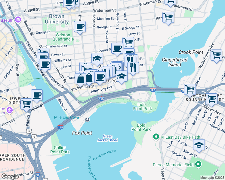 map of restaurants, bars, coffee shops, grocery stores, and more near 225 India Street in Providence