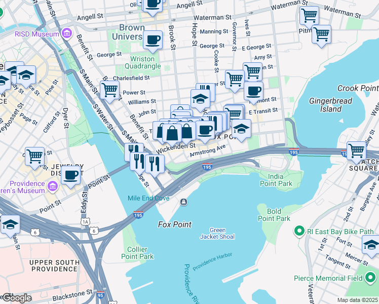 map of restaurants, bars, coffee shops, grocery stores, and more near 118 George M Cohan Boulevard in Providence