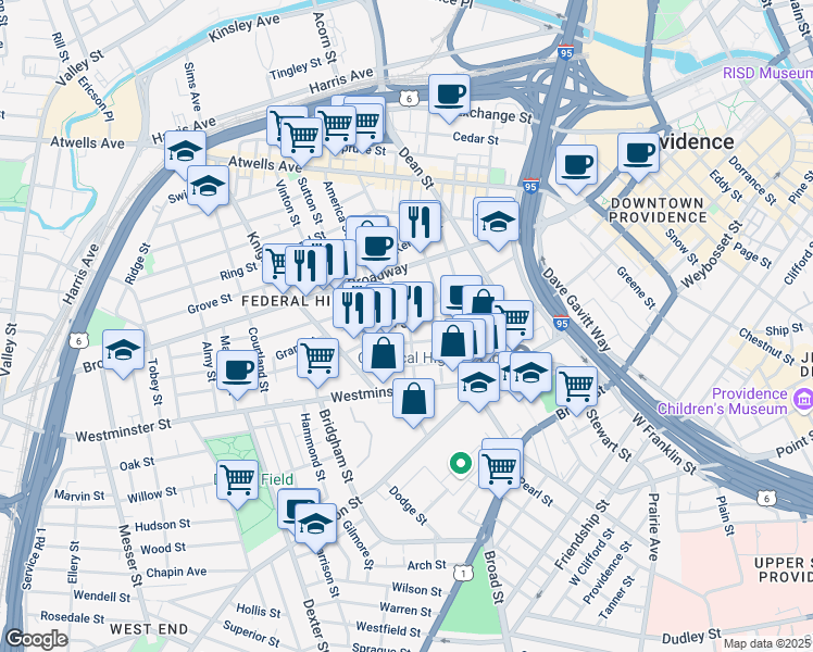 map of restaurants, bars, coffee shops, grocery stores, and more near 470 West Fountain Street in Providence