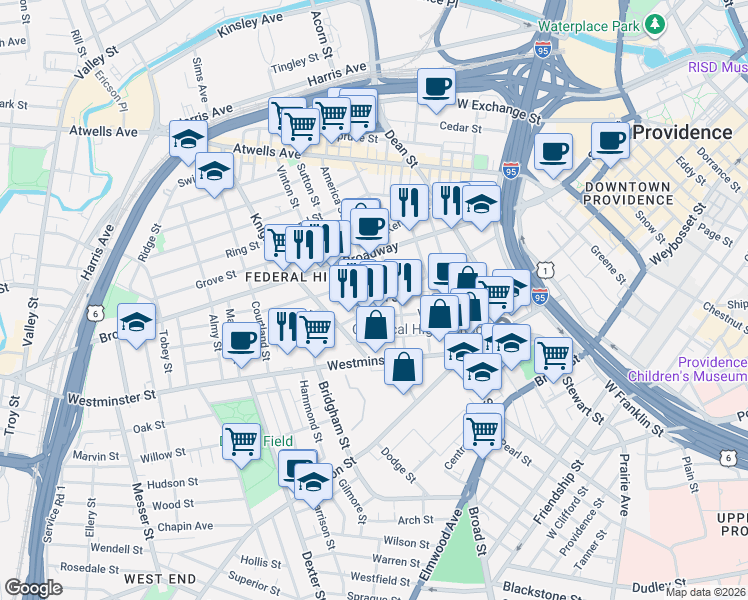 map of restaurants, bars, coffee shops, grocery stores, and more near 470 West Fountain Street in Providence