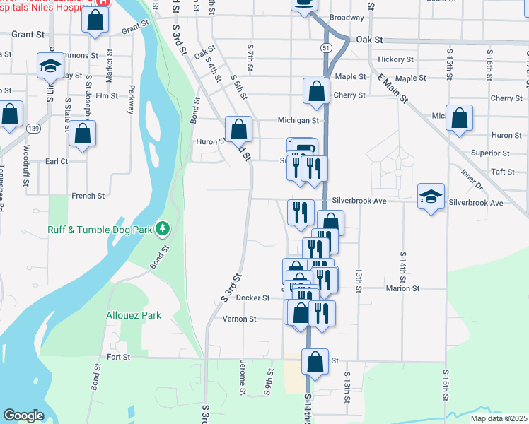 map of restaurants, bars, coffee shops, grocery stores, and more near 923 South 3rd Street in Niles