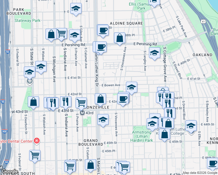 map of restaurants, bars, coffee shops, grocery stores, and more near 440 East 42nd Street in Chicago