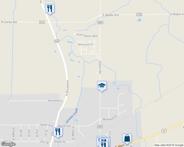 map of restaurants, bars, coffee shops, grocery stores, and more near 3499 Austin Road in Geneva