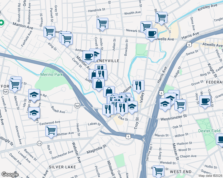 map of restaurants, bars, coffee shops, grocery stores, and more near 18 Chaffee Street in Providence