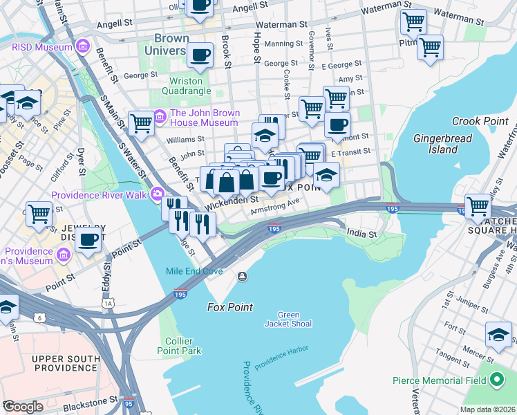 map of restaurants, bars, coffee shops, grocery stores, and more near 22 Armstrong Avenue in Providence