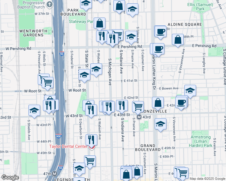 map of restaurants, bars, coffee shops, grocery stores, and more near 4157 South Michigan Avenue in Chicago