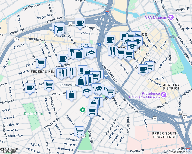 map of restaurants, bars, coffee shops, grocery stores, and more near 309 Dean Street in Providence