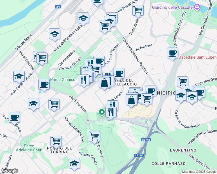 map of restaurants, bars, coffee shops, grocery stores, and more near 123 Viale Avignone in Roma