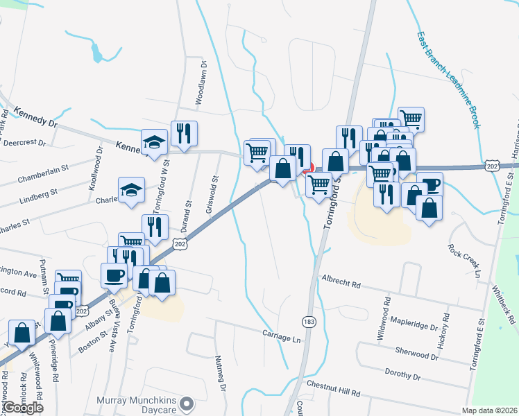 map of restaurants, bars, coffee shops, grocery stores, and more near 44 Greenridge Road in Torrington