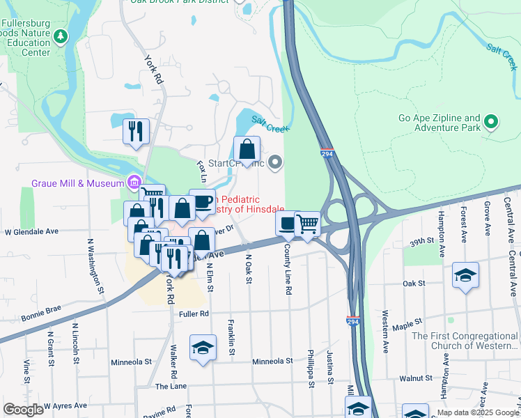 map of restaurants, bars, coffee shops, grocery stores, and more near 1 Spinning Wheel Road in Hinsdale