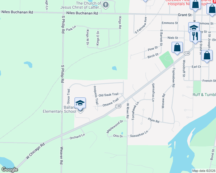 map of restaurants, bars, coffee shops, grocery stores, and more near 1447 Old Sauk Trail in Niles